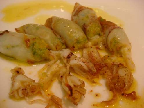 Squid stuffed with zucchini, carrots and shrimp.